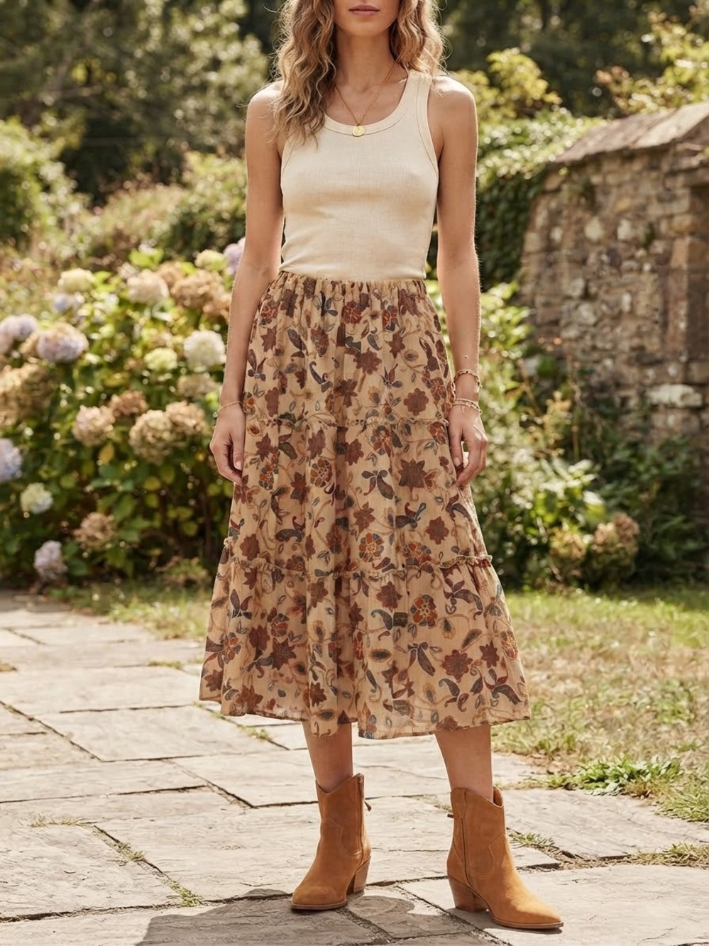 VINTAGE Blair 80s 90s Boho Floral Tiered Midi Skirt in Beige